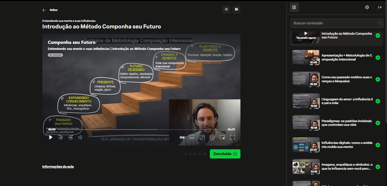 Prévia real da plataforma do curso Componha Seu Futuro, com a aula de metodologia aberta